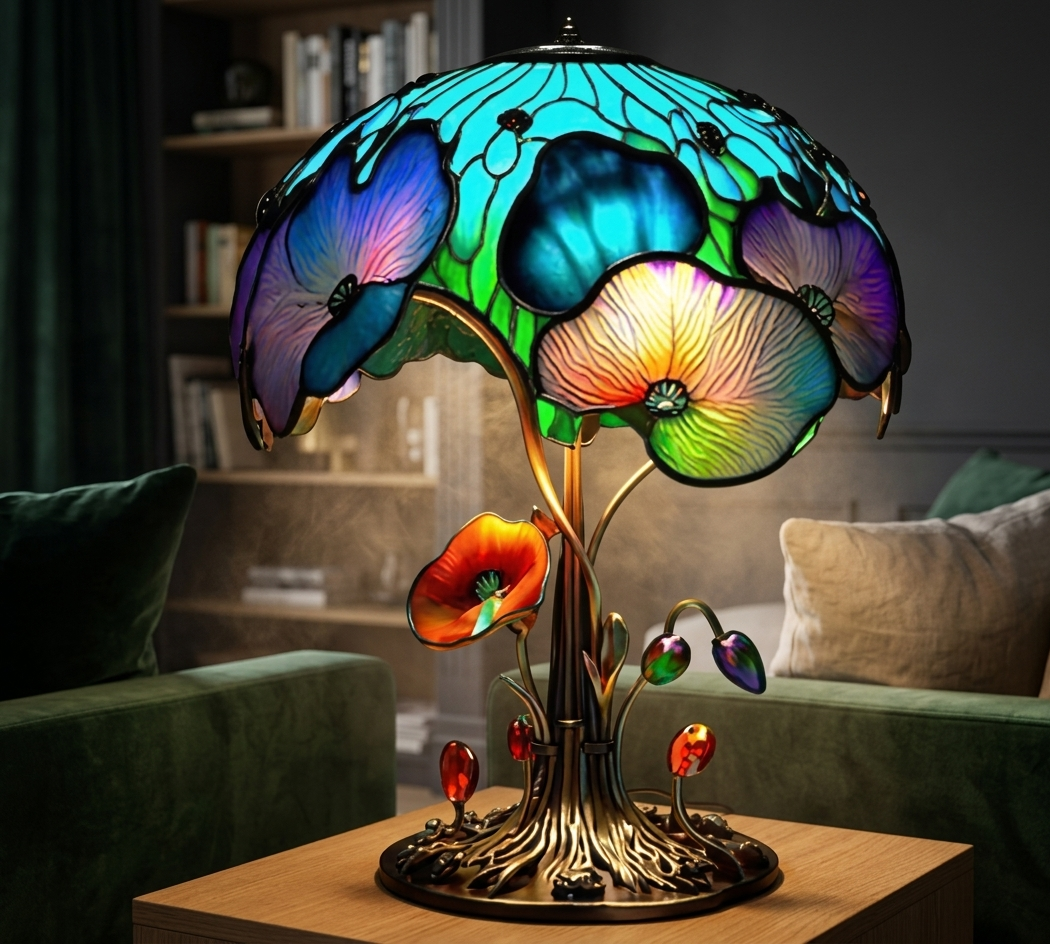 Colorful floral table lamp on a wooden table with a cozy living room background
