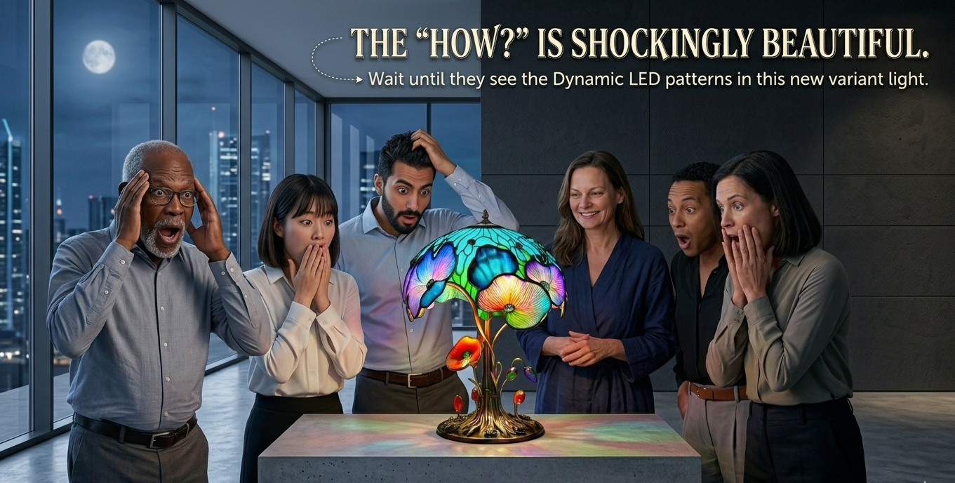 Group of people reacting to a colorful LED lamp in an urban setting