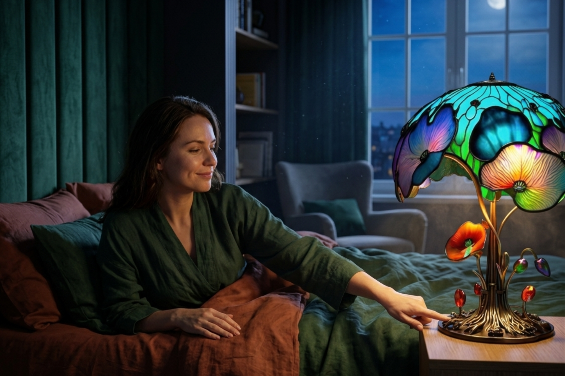 Woman sitting on a couch next to a colorful stained glass lamp in a cozy room.