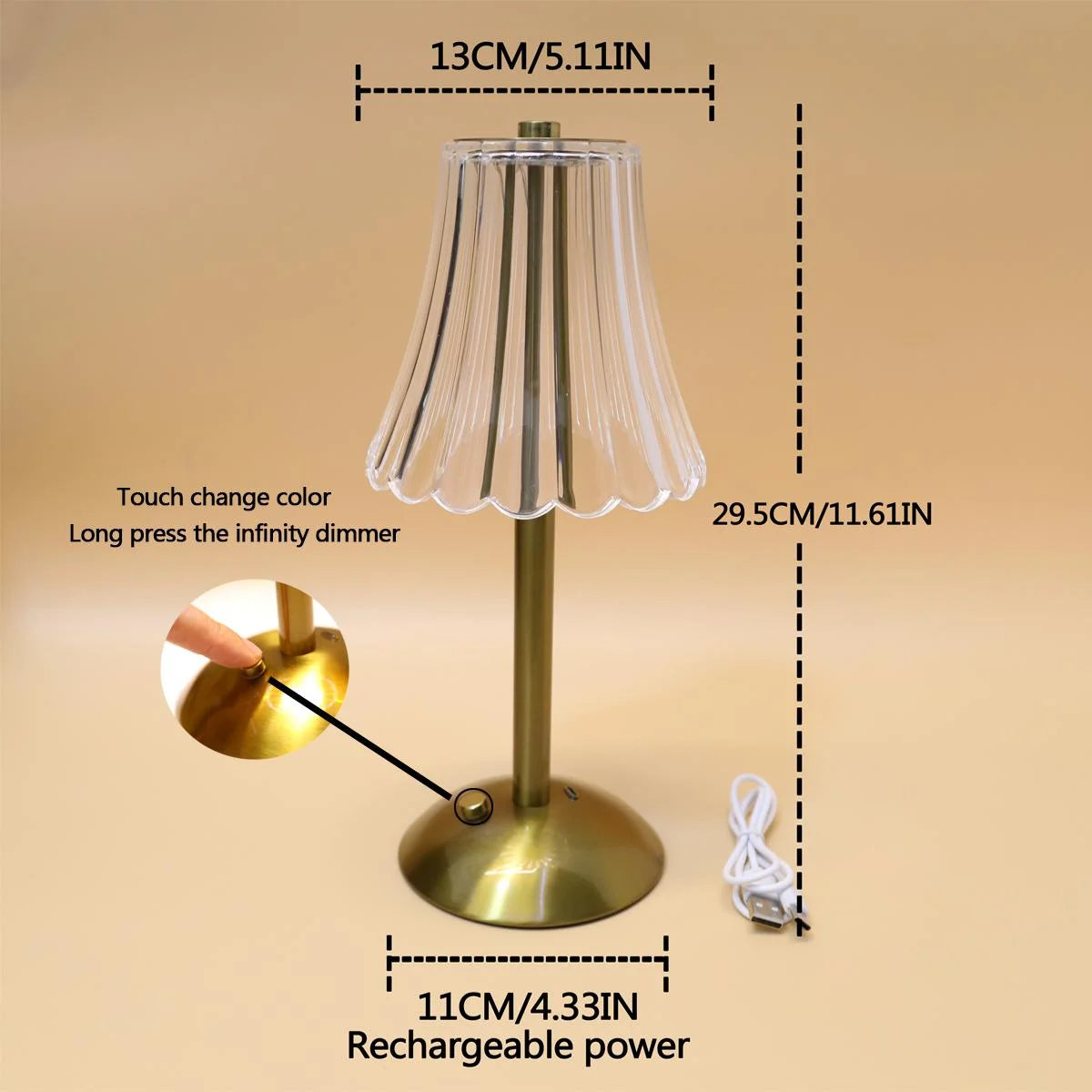 Crystal LED Table Lamp USB Rechargeable Bedside Light for Bedroom Decor