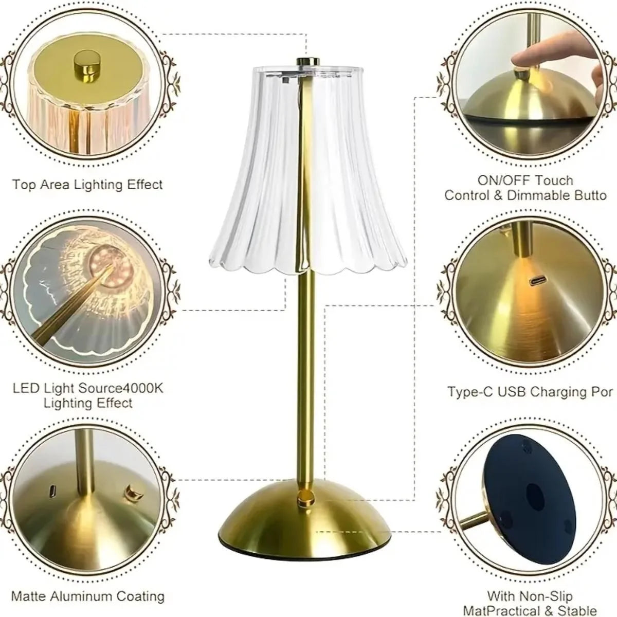 Crystal LED Table Lamp USB Rechargeable Bedside Light for Bedroom Decor