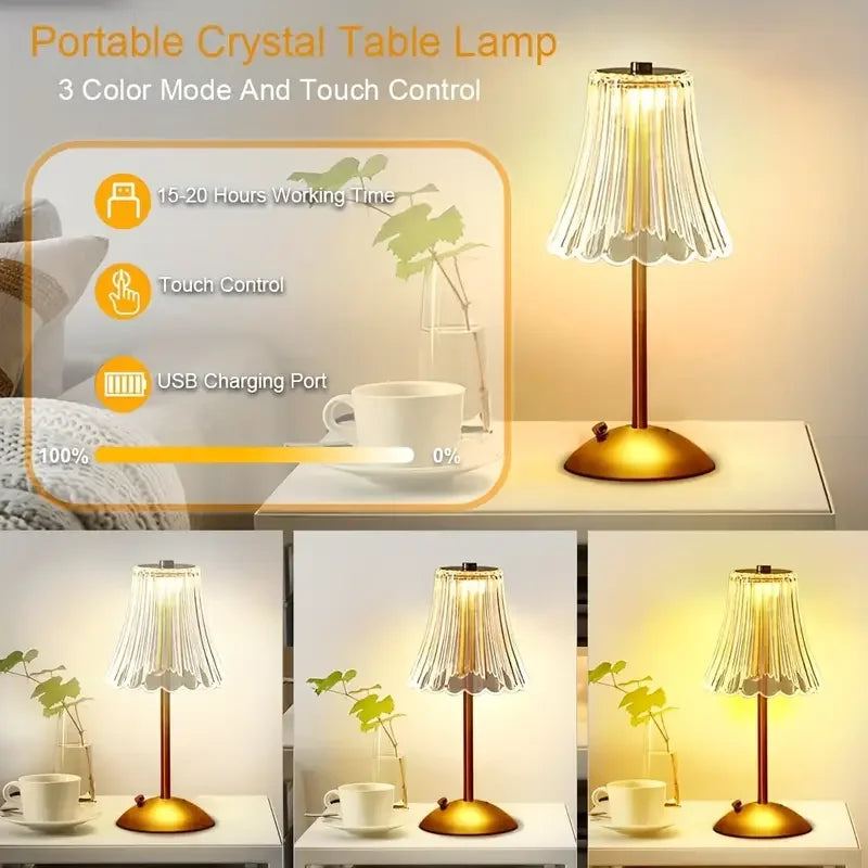 Crystal LED Table Lamp USB Rechargeable Bedside Light for Bedroom Decor