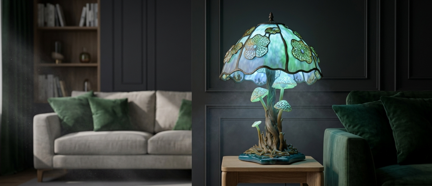 Tiffany-style lamp on a side table with a living room setting