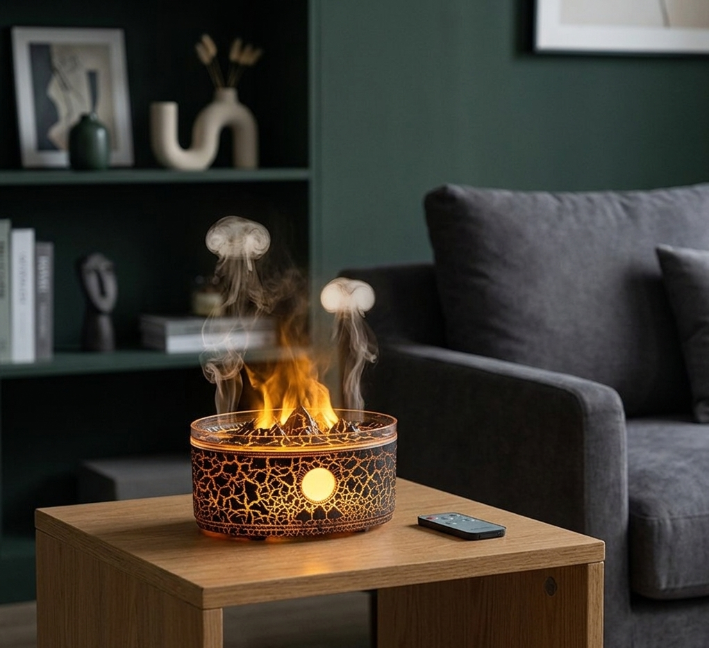 Fire pit table with decorative design on a wooden coffee table in a living room setting.
