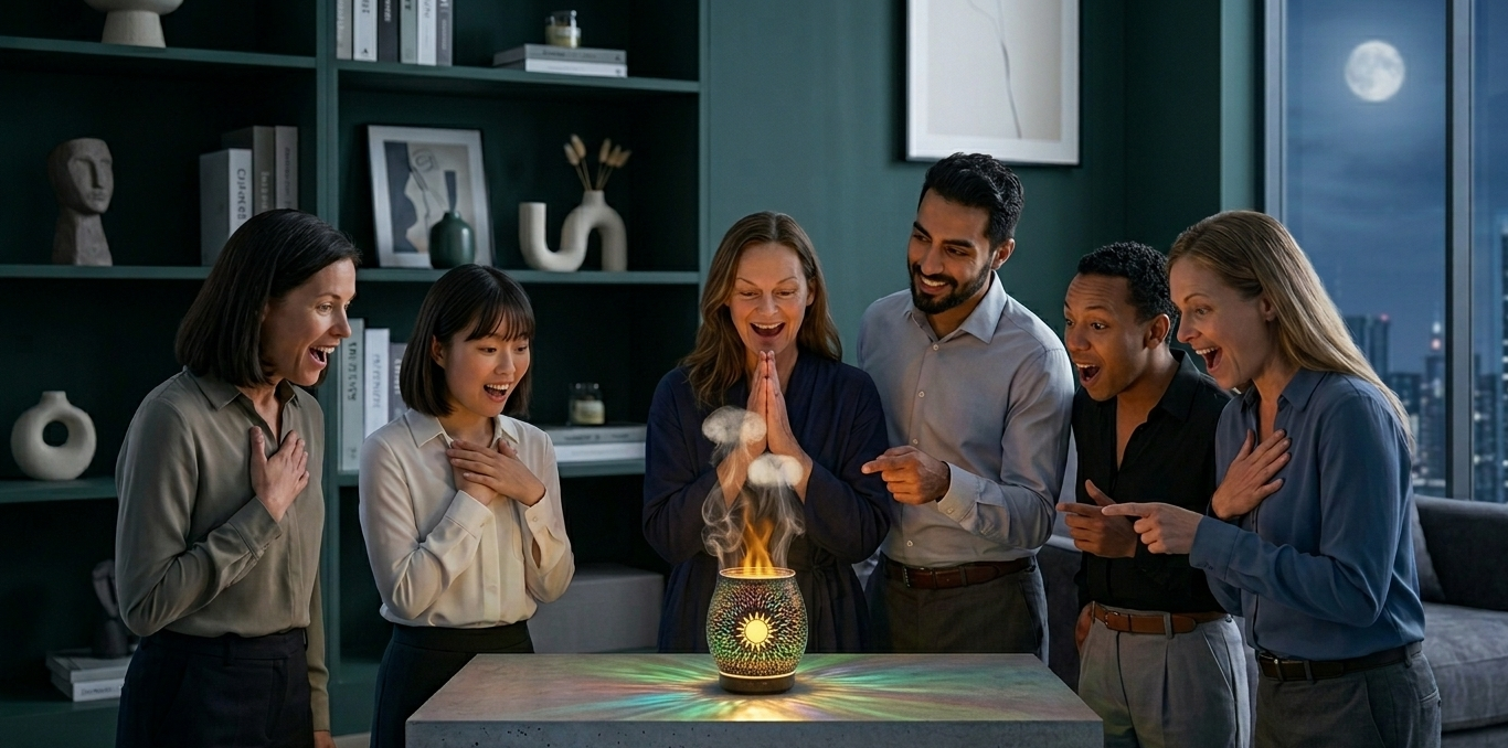 Group of people gathered around a table with a glowing object, in a room with shelves and a cityscape view.