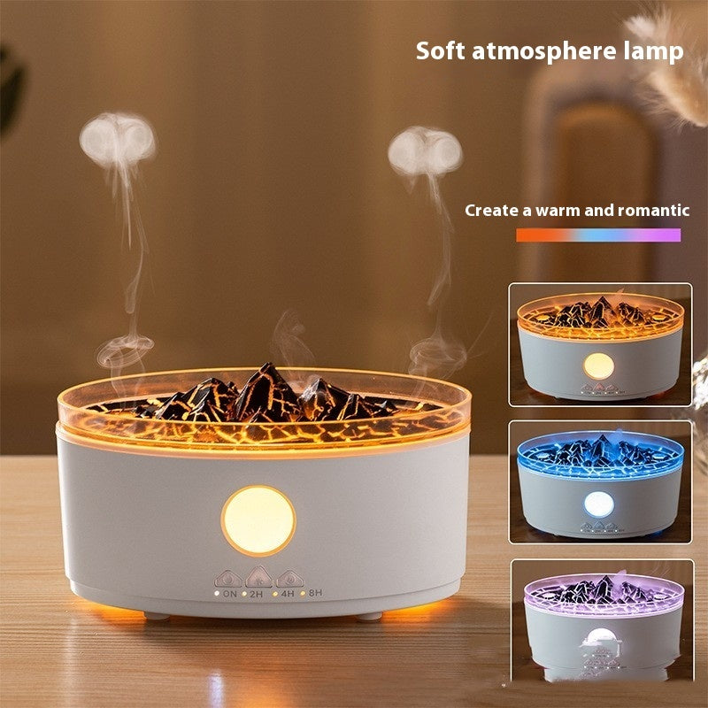 White soft atmosphere lamp with decorative elements on a wooden surface, featuring text and additional images of the lamp in different colors.